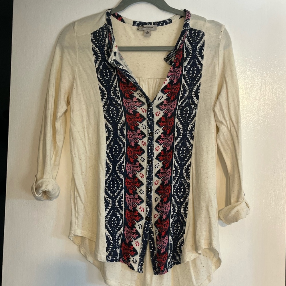 Lucky Brand Cream Blouse with Navy,  Pink, and red Accents